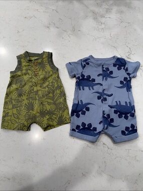 Carter's Olive Green Tropical Romper & Light Blue Dino Shortalls Set